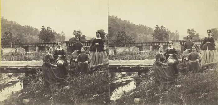 Framed Print : On the Juniata. The Five Fair Ladies, 1860 / 69. Creator: Anthony & Company Framed Print : On the Juniata. The Five Fair Ladies, 1860 / 69. Creator: Anthony & Company