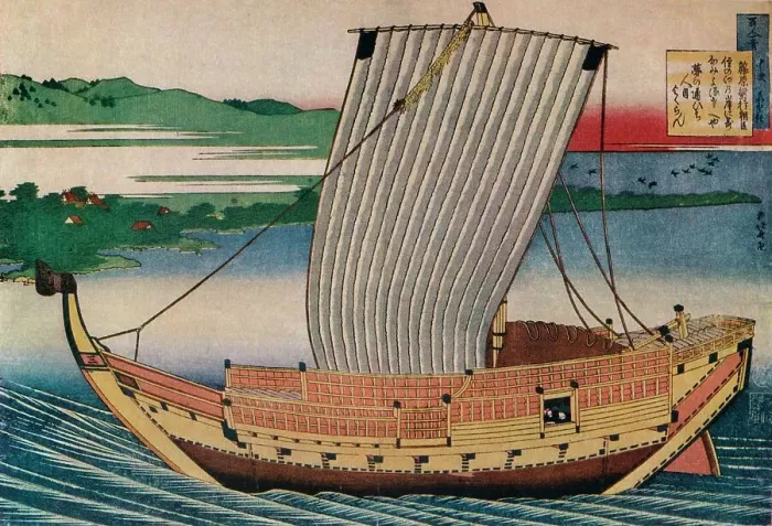Framed Print : A Junk Gliding Across Suminoye Bay, c18th century, (1925). Artist: Hokusai Framed Print : A Junk Gliding Across Suminoye Bay, c18th century, (1925). Artist: Hokusai
