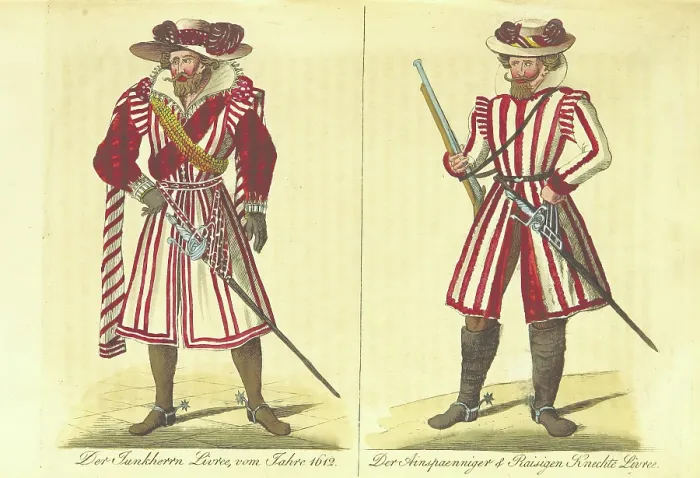 Framed Print : The Junkherrn's livery from 1612; the Ainspaenniger & Raisigen Servants livery, (1860) Framed Print : The Junkherrn's livery from 1612; the Ainspaenniger & Raisigen Servants livery, (1860)