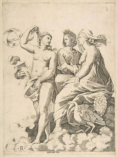 Juno, Ceres, and Psyche in the clouds conversing, Juno seated with a peacock at her