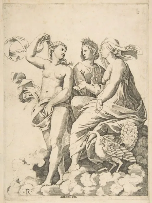 Framed Print : Juno, Ceres, and Psyche in the clouds conversing, Juno seated with a peacock at her Framed Print : Juno, Ceres, and Psyche in the clouds conversing, Juno seated with a peacock at her