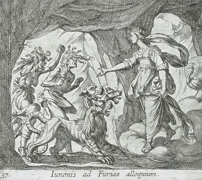 Framed Print : Juno with the Furies at the Gate of Hell, published 1606. Creators: Antonio Tempesta, Wilhelm Janson Framed Print : Juno with the Furies at the Gate of Hell, published 1606. Creators: Antonio Tempesta, Wilhelm Janson