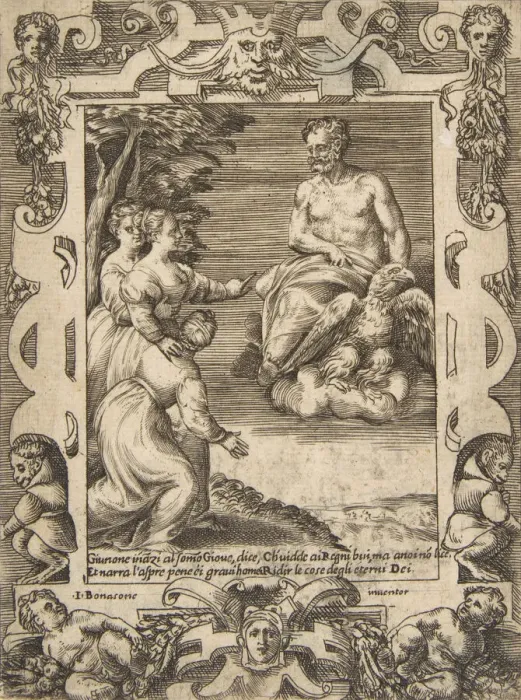 Framed Print : Juno at left asks Jupiter to help the Greeks, set within an elaborate frame, from
