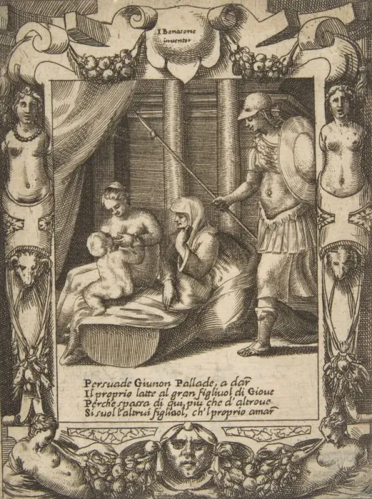 Framed Print : Juno persuading Athena to nurse the young Hercules, set within an elaborate frame Framed Print : Juno persuading Athena to nurse the young Hercules, set within an elaborate frame