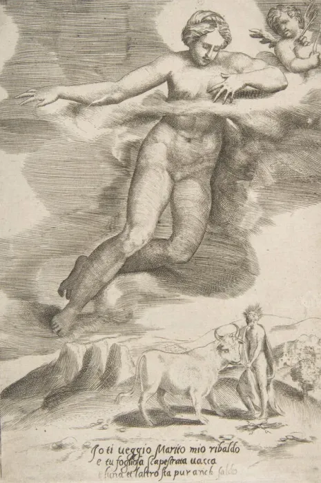 Framed Print : Juno watching Jupiter and Io, from The Loves of the Gods, 1531-60 Framed Print : Juno watching Jupiter and Io, from The Loves of the Gods, 1531-60