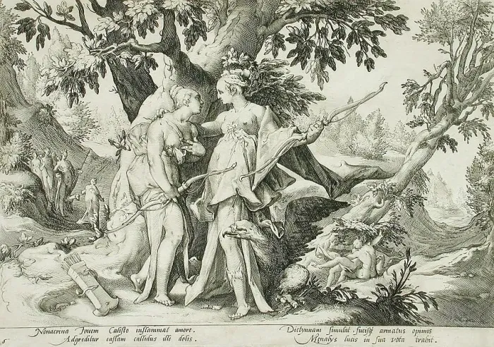 Framed Print : Jupiter Assuming the Form of Diana in Order to Seduce Callisto, published 1590. Creator: Hendrik Goltzius Framed Print : Jupiter Assuming the Form of Diana in Order to Seduce Callisto, published 1590. Creator: Hendrik Goltzius