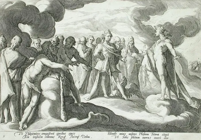 Framed Print : Jupiter and the Other Gods Asking Helios to Resume Control of the Chariot, published 1590. Creator: Hendrik Goltzius Framed Print : Jupiter and the Other Gods Asking Helios to Resume Control of the Chariot, published 1590. Creator: Hendrik Goltzius