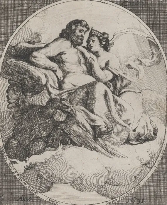 Framed Print : Jupiter and Juno seated on clouds, with an eagle holding thunderbolts below at left, 1631 Framed Print : Jupiter and Juno seated on clouds, with an eagle holding thunderbolts below at left, 1631