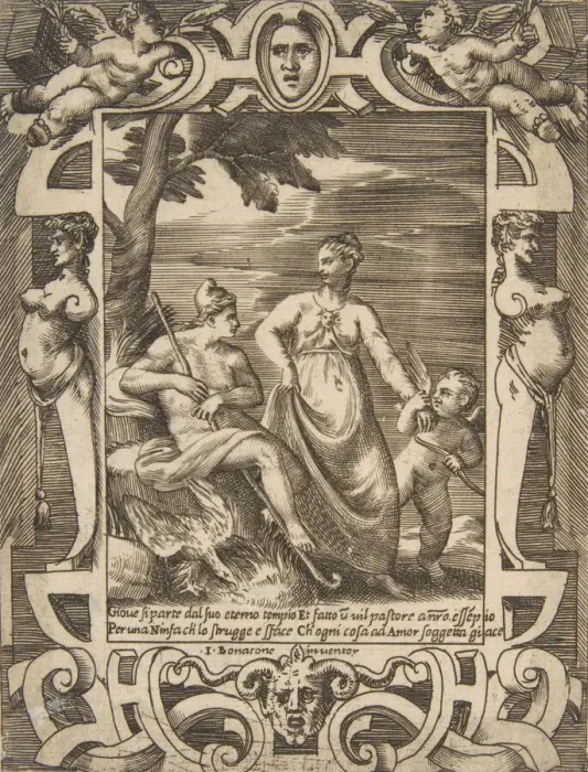Framed Print : Jupiter at left in the form of a shepherd accompanied by Mnemosyne, set within an elabo Framed Print : Jupiter at left in the form of a shepherd accompanied by Mnemosyne, set within an elabo