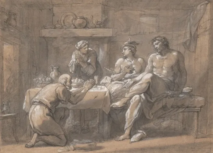 Framed Print : Jupiter and Mercury in the House of Baucis and Philemon, 18th century Framed Print : Jupiter and Mercury in the House of Baucis and Philemon, 18th century