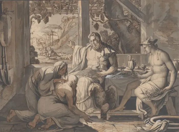 Framed Print : Jupiter and Mercury reveal themselves to Philemon and Baucis, 1809 Framed Print : Jupiter and Mercury reveal themselves to Philemon and Baucis, 1809
