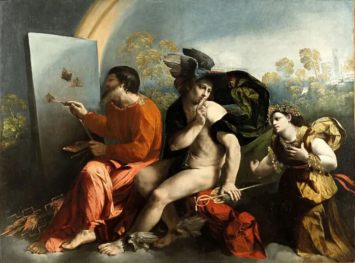 Framed Print : Jupiter, Mercury and the Virtue (Jupiter Painting Butterflies). Artist: Dossi, Dosso (ca. 1486-1542)