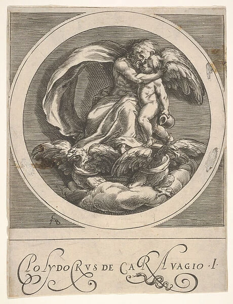 Jupiter, seated above two eagles and embracing Cupid, a round composition from a serie