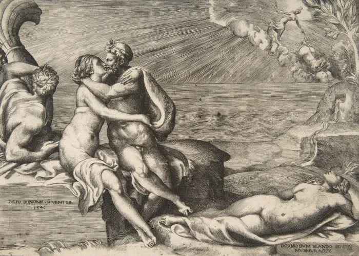 Framed Print : Jupiters love for Juno rekindled when she puts on Venuss Girdle, 1546 Framed Print : Jupiters love for Juno rekindled when she puts on Venuss Girdle, 1546