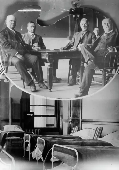 Framed Print : Jurors playing cards - their bedroom McNamara case, between c1910 and c1915. Creator: Bain News Service Framed Print : Jurors playing cards - their bedroom McNamara case, between c1910 and c1915. Creator: Bain News Service