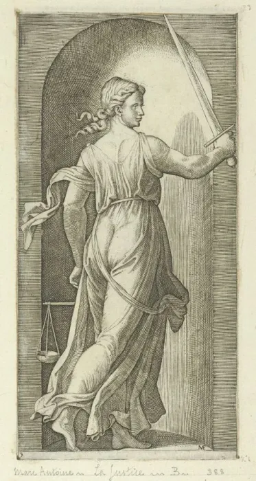Framed Print : Justice personified by a young woman holding a sword in her raised right hand, scal... ca. 1515-25. Creator: Marcantonio Raimondi Framed Print : Justice personified by a young woman holding a sword in her raised right hand, scal... ca. 1515-25. Creator: Marcantonio Raimondi