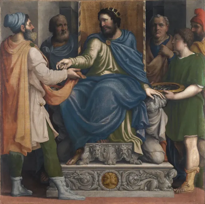 Framed Print : Justice of Philip II of Macedon. (Filippo il Macedone restituisce il denaro a Macheta), c1550-1560. Creator: Campi, Giulio (1507-1573) Framed Print : Justice of Philip II of Macedon. (Filippo il Macedone restituisce il denaro a Macheta), c1550-1560. Creator: Campi, Giulio (1507-1573)