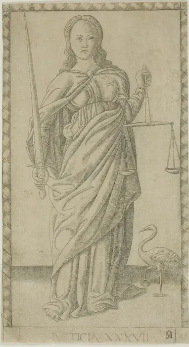 Framed Print : Justice, plate 37 from Genii and Virtues, c.1465. Creator: Unknown Framed Print : Justice, plate 37 from Genii and Virtues, c.1465. Creator: Unknown