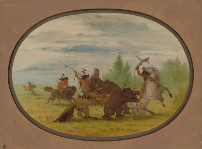 Framed Print : K nisteneux Indians Attacking Two Grizzly Bears, 1861 / 1869. Creator: George Catlin Framed Print : K nisteneux Indians Attacking Two Grizzly Bears, 1861 / 1869. Creator: George Catlin