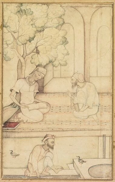 Kabir and Two Followers on a Terrace (recto); Calligraphy (verso), c. 1610-1620. Creator: Unknown