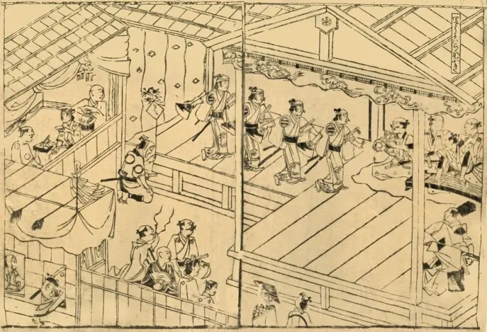 Framed Print : Kabuki performance in the Shijo river-bed, 1658, (1924). Creator: Hishikawa Moronobu Framed Print : Kabuki performance in the Shijo river-bed, 1658, (1924). Creator: Hishikawa Moronobu