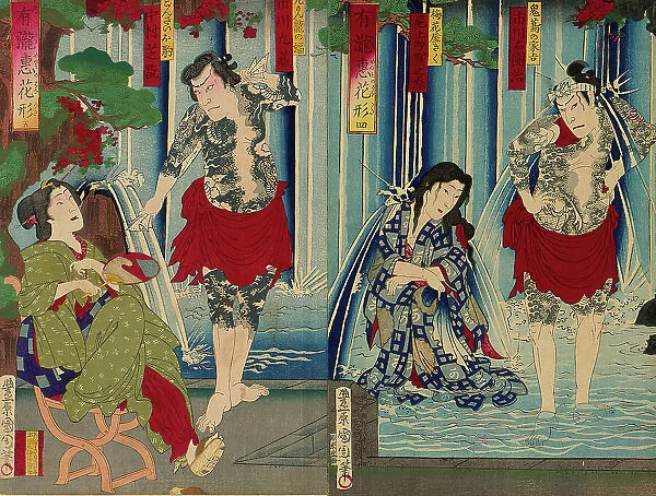 Kabuki Stars Before a Gracious Waterfall (Arigataki megumi no hanagata), 1883. Creator: Toyohara Kunichika