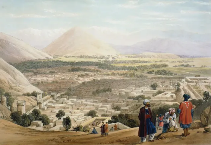 Framed Print : Kabul from the Citadel, showing the old walled city, First Anglo-Afghan War 1838-1842. Artist: James Atkinson Framed Print : Kabul from the Citadel, showing the old walled city, First Anglo-Afghan War 1838-1842. Artist: James Atkinson