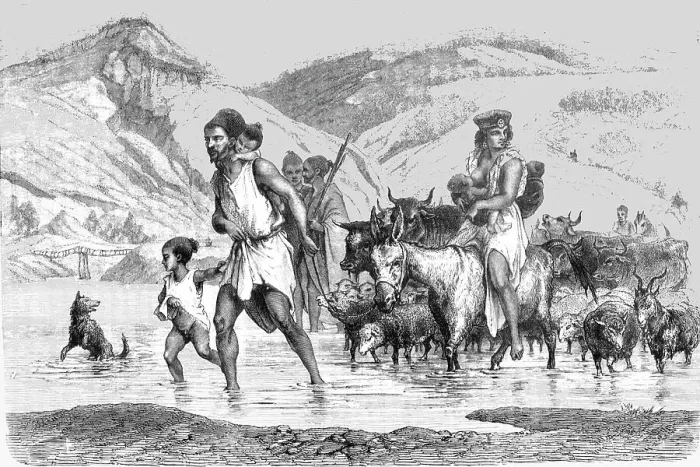 Framed Print : Kabyles fording a stream; The Natives of Algeria, the Kabyle, the Arab, the Moor, and the Jew, 1875 Creator: Unknown Framed Print : Kabyles fording a stream; The Natives of Algeria, the Kabyle, the Arab, the Moor, and the Jew, 1875 Creator: Unknown