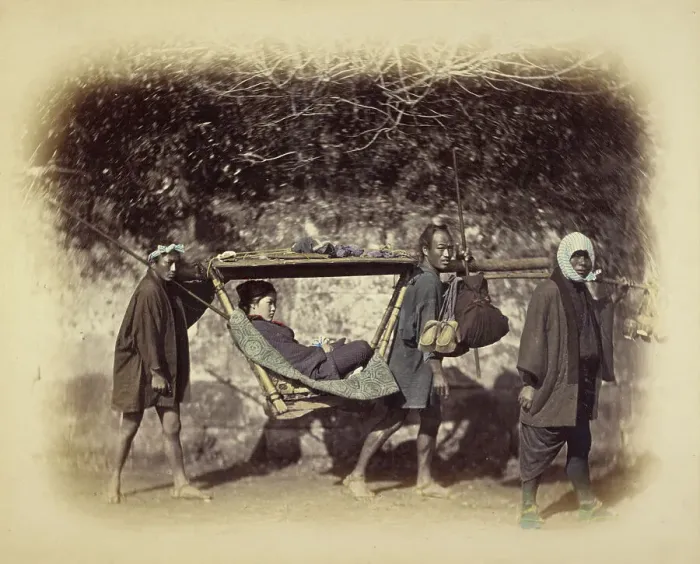 Framed Print : Kago Bearers, about 1868. Creator: Felice Beato Framed Print : Kago Bearers, about 1868. Creator: Felice Beato
