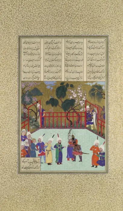 Framed Print : Kai Kavus and Rustam Embrace, Folio 123r from the Shahnama (Book of Kings)... ca Framed Print : Kai Kavus and Rustam Embrace, Folio 123r from the Shahnama (Book of Kings)... ca