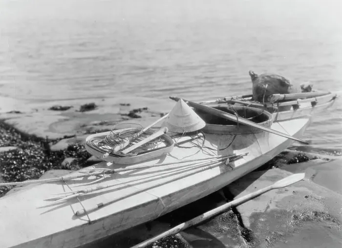 Framed Print : Kaiak with seal hunting equipment, Nunivak, c1929. Creator: Edward Sheriff Curtis Framed Print : Kaiak with seal hunting equipment, Nunivak, c1929. Creator: Edward Sheriff Curtis