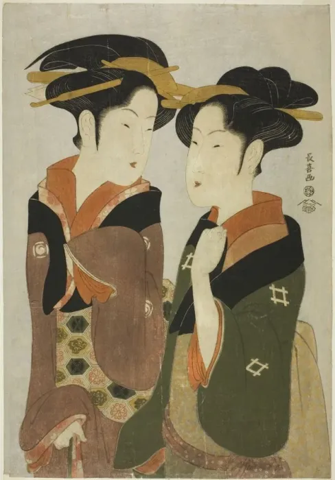 Framed Print : Kan, a waitress of the Izutsuya, and the geisha Fuseya of the Ogiya, c. 1794 Framed Print : Kan, a waitress of the Izutsuya, and the geisha Fuseya of the Ogiya, c. 1794