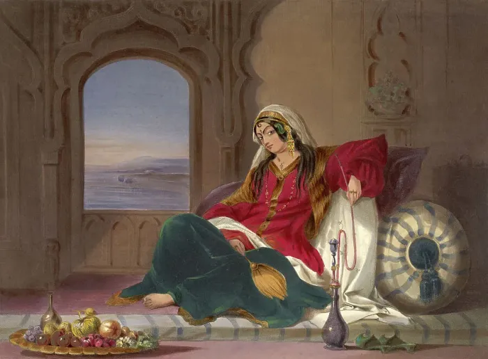 Framed Print : Kandahar Lady of Rank, Engaged in Smoking, 1848. Artist: Carrick, Robert (active Mid of 19th cen. ) Framed Print : Kandahar Lady of Rank, Engaged in Smoking, 1848. Artist: Carrick, Robert (active Mid of 19th cen. )