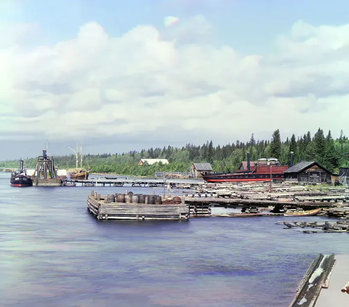 Framed Print : Kareshka boat yard [Russian Empire], 1909. Creator: Sergey Mikhaylovich Prokudin-Gorsky
