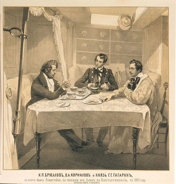 Karl Bryullov, Vladimir Kornilov and Count Grigori Gagarin aboard the brig Themistocles, 1835. Artist: Gagarin, Grigori Grigorievich (1810-1893)
