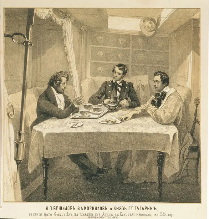 Framed Print : Karl Bryullov, Vladimir Kornilov and Count Grigori Gagarin aboard the brig Themistocles, 1835. Artist: Gagarin, Grigori Grigorievich (1810-1893)