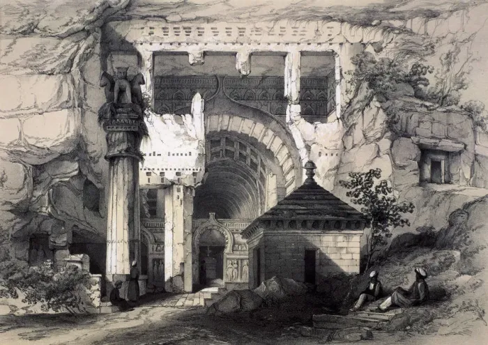 Framed Print : Karli, Entrance of Great Chaitya Cave, 1845. Artist: John Weale Framed Print : Karli, Entrance of Great Chaitya Cave, 1845. Artist: John Weale