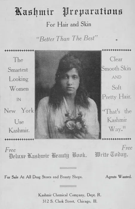 Framed Print : Kashmir preparations for hair and skin; Kashmir Chemical Company, Dept. R.; 312 S... 1918-1922. Creator: Unknown Framed Print : Kashmir preparations for hair and skin; Kashmir Chemical Company, Dept. R.; 312 S... 1918-1922. Creator: Unknown