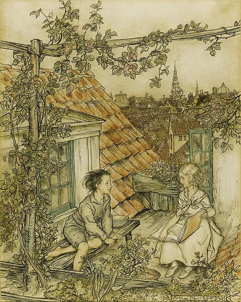 Kay and Gerda in their garden high up on the roof. Illustration for the tale of The Snow Queen, 18 Artist: Rackham, Arthur (1867-1939)