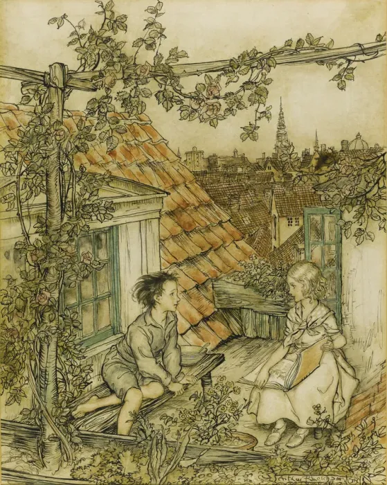 Framed Print : Kay and Gerda in their garden high up on the roof. Illustration for the tale of The Snow Queen, 18 Artist: Rackham, Arthur (1867-1939) Framed Print : Kay and Gerda in their garden high up on the roof. Illustration for the tale of The Snow Queen, 18 Artist: Rackham, Arthur (1867-1939)