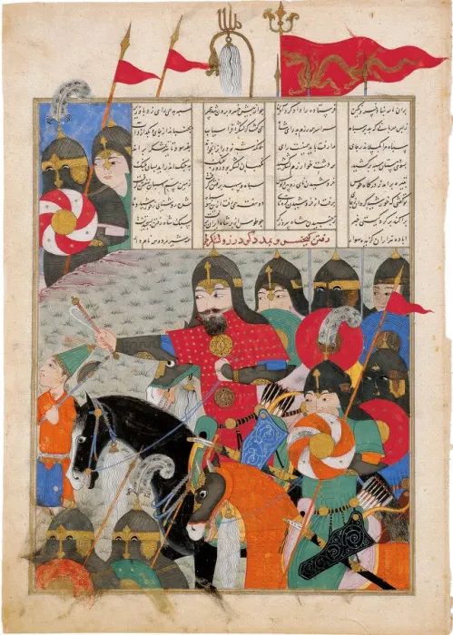 Framed Print : Kay Khusraw Marches to Gudarzs Rescue. (Manuscript illumination from the epic Shahname by Ferdowsi. Artist: Iranian master Framed Print : Kay Khusraw Marches to Gudarzs Rescue. (Manuscript illumination from the epic Shahname by Ferdowsi. Artist: Iranian master