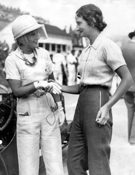 Framed Print : Kaye Petre (left) with Elsie Wisdom at Brooklands. Creator: Unknown Framed Print : Kaye Petre (left) with Elsie Wisdom at Brooklands. Creator: Unknown