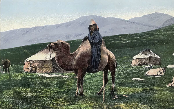 Kazakh on a Camel with Yurts in the Background, Valley of the Arakan River, a Tributary..., 1911-13. Creator: Sergei Ivanovich Borisov