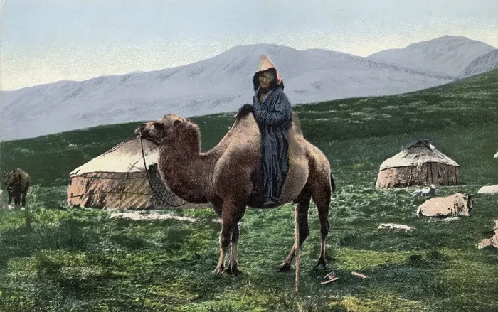 Framed Print : Kazakh on a Camel with Yurts in the Background, Valley of the Arakan River, a Tributary... 1911-13. Creator: Sergei Ivanovich Borisov Framed Print : Kazakh on a Camel with Yurts in the Background, Valley of the Arakan River, a Tributary... 1911-13. Creator: Sergei Ivanovich Borisov