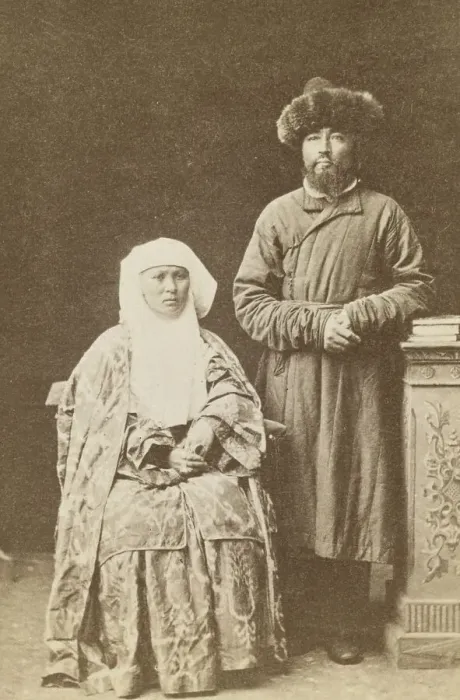 Framed Print : Kazakh man and woman, full-length portrait, between 1870 and 1886. Creator: Unknown Framed Print : Kazakh man and woman, full-length portrait, between 1870 and 1886. Creator: Unknown
