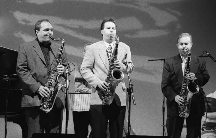 Framed Print : Ken Peplowski, Scot Hamilton and Harry Allen, Brecon Jazz Festival, Powys, Wales, Aug 1998