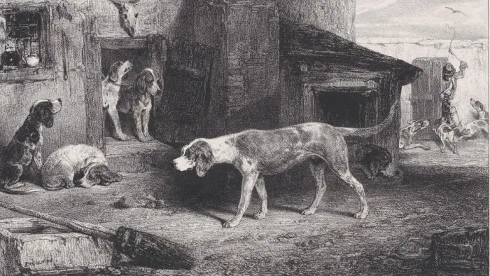 Framed Print : The Kennel, from the series Hunting Scenes, 1829. Creator: Alexandre Gabriel Decamps Framed Print : The Kennel, from the series Hunting Scenes, 1829. Creator: Alexandre Gabriel Decamps
