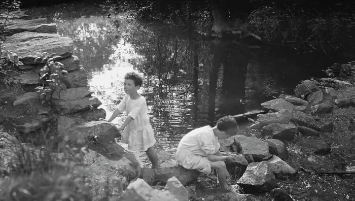 Framed Print : Kennerley, Richard and Morley, playing by a pond, 1912 or 1913. Creator: Arnold Genthe Framed Print : Kennerley, Richard and Morley, playing by a pond, 1912 or 1913. Creator: Arnold Genthe