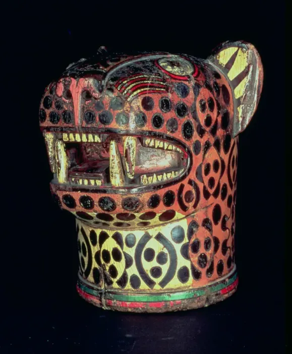 Framed Print : Kero or carved wood vase, jaguar head shaped, in polychromed wood Framed Print : Kero or carved wood vase, jaguar head shaped, in polychromed wood