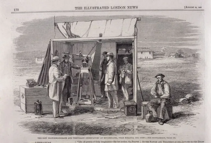 Framed Print : The Kew heliograph being used in an eclipse-viewing expedition to Spain, 1860 Framed Print : The Kew heliograph being used in an eclipse-viewing expedition to Spain, 1860